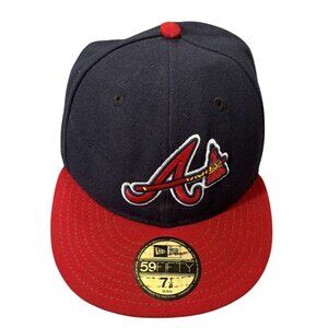 New Era 59Fifty Atlanta Braves Navy & Red Fitted Hat Size 7 1/8 MLB On-Field Cap